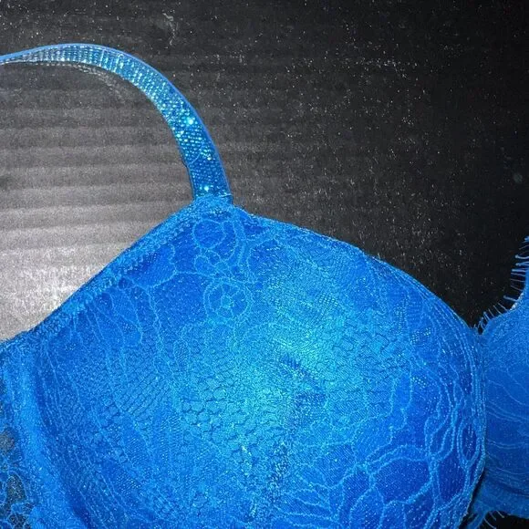 Victoria's Secret 32A,32B,32C BOMBSHELL BRA SET+GARTER NEON BLUE SHINE STRAP